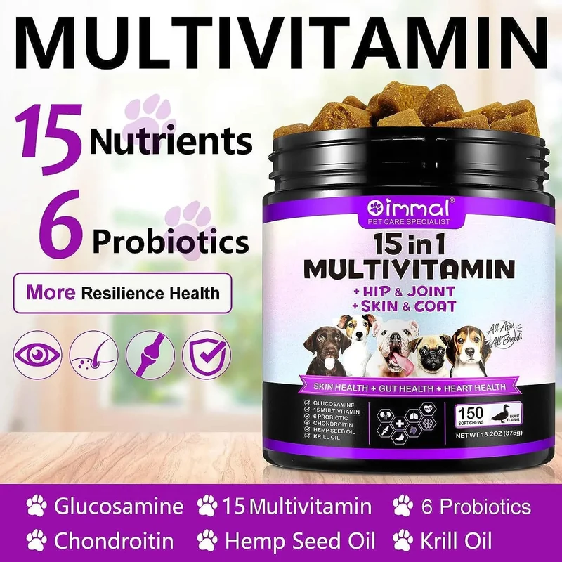 Multivitaminas Suplemento para Cães, 15 minerais e vitaminas para todos os cães 150 comprimidos, sabor de pato