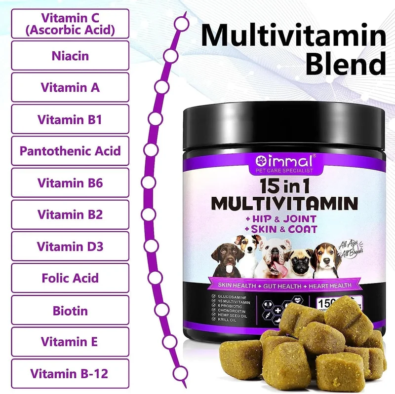 Multivitaminas Suplemento para Cães, 15 minerais e vitaminas para todos os cães 150 comprimidos, sabor de pato