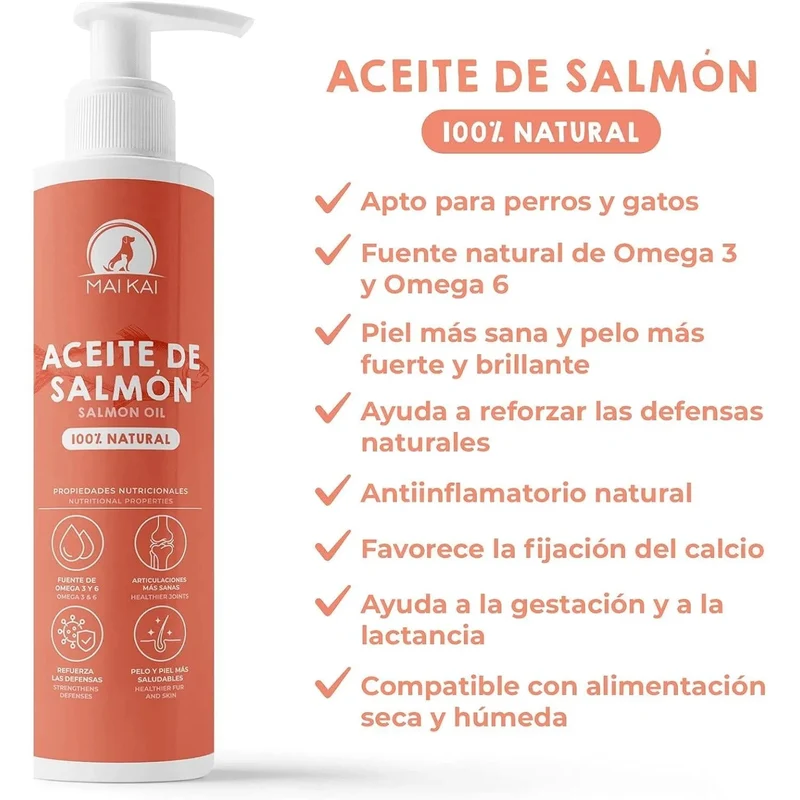 Óleo de salmão para cães e gatos - anti-inflamatório, ômega 3 e 6, pele saudável e pelo brilhante, vitaminas e cálcio, 100% natural