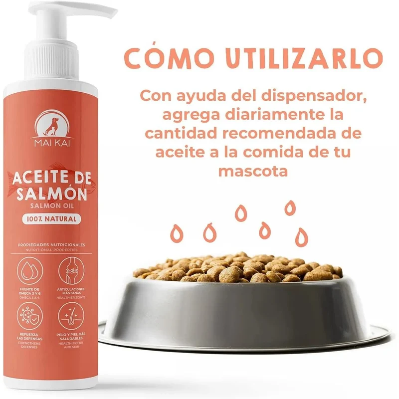 Óleo de salmão para cães e gatos - anti-inflamatório, ômega 3 e 6, pele saudável e pelo brilhante, vitaminas e cálcio, 100% natural