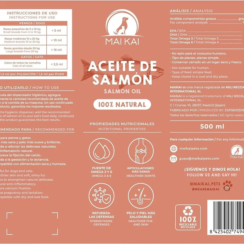 Óleo de salmão para cães e gatos - anti-inflamatório, ômega 3 e 6, pele saudável e pelo brilhante, vitaminas e cálcio, 100% natural
