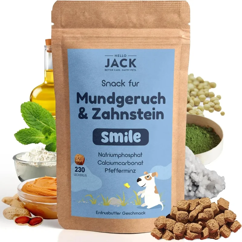 Hello Jack Limpeza natural para mau hálito de cães - até 4 meses de fornecimento - limpa os dentes e ajuda a eliminar o mau hálito do cão - evita o tártaro