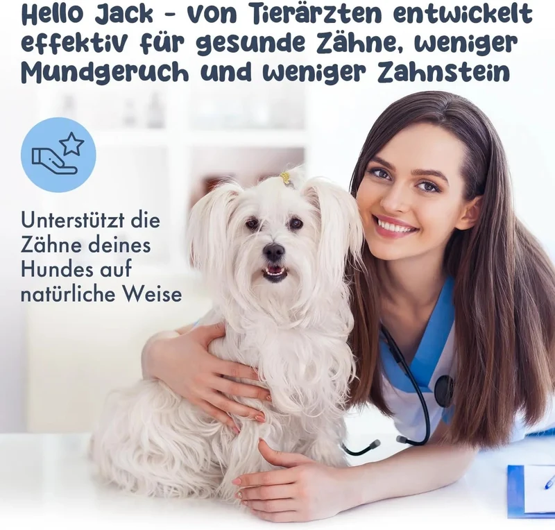 Hello Jack Limpeza natural para mau hálito de cães - até 4 meses de fornecimento - limpa os dentes e ajuda a eliminar o mau hálito do cão - evita o tártaro