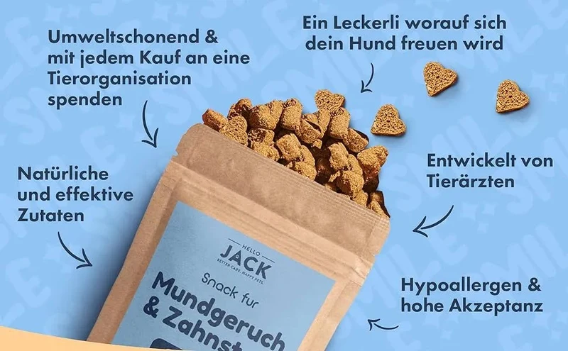Hello Jack Limpeza natural para mau hálito de cães - até 4 meses de fornecimento - limpa os dentes e ajuda a eliminar o mau hálito do cão - evita o tártaro