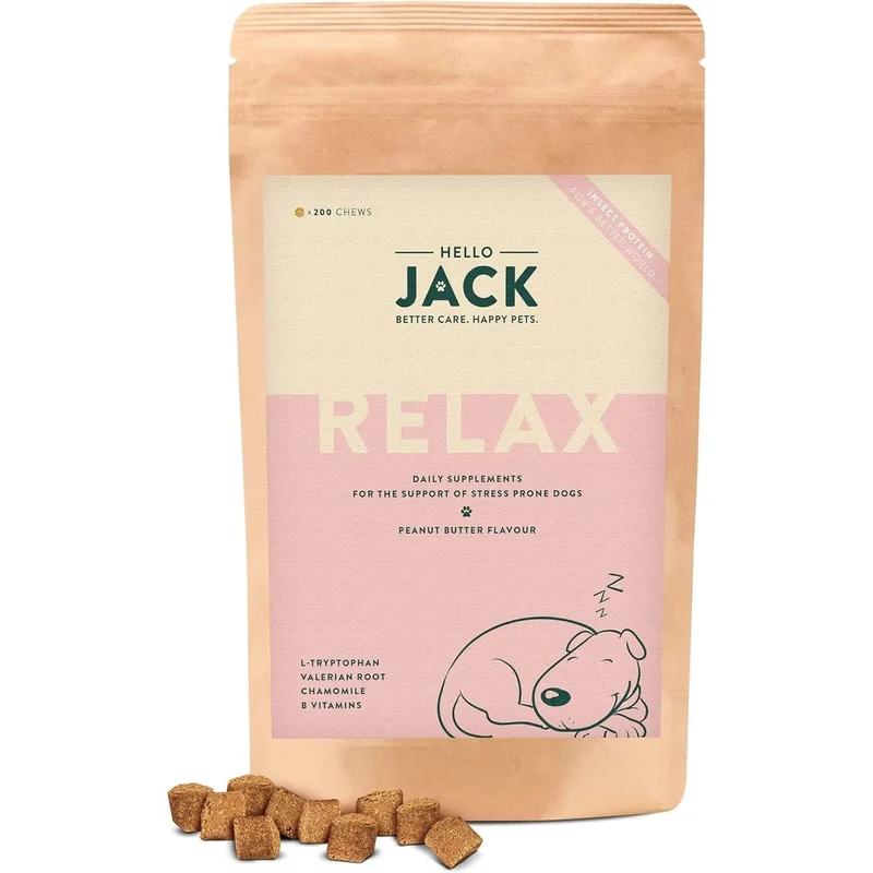 Hello Jack Relax Suplemento diário para cães - tranquilizante mastigáveis para cães e cachorros, para aliviar o stress e o equilíbrio emocional - sabor de manteiga de amendoim