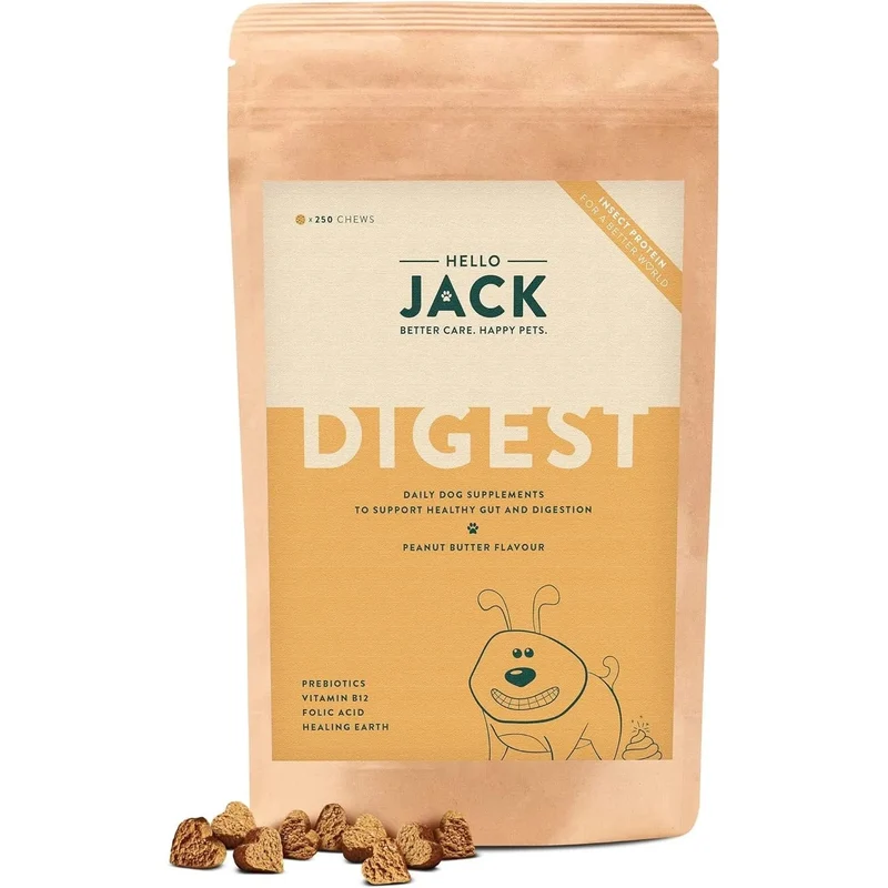 Hello Jack Digest Suplemento para cães - Guloseimas mastigáveis para cães para digestão, saúde intestinal e consistência das fezes - sabor de manteiga de amendoim