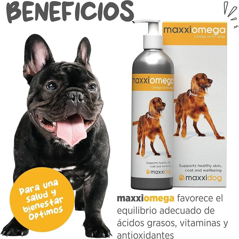 maxxiomega Suplemento em óleo para cães, com bomba de dosagem para fácil administração, ómega 3, 6, 9 e vitaminas A, D, E e biotina | para pele saudável e pêlo brilhante (296 ml)