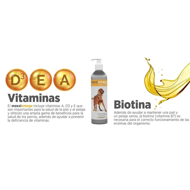 maxxiomega Suplemento em óleo para cães, com bomba de dosagem para fácil administração, ómega 3, 6, 9 e vitaminas A, D, E e biotina | para pele saudável e pêlo brilhante (296 ml)