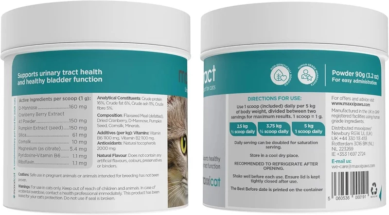 maxxiUtract Suplemento urinário e vesical para gatos - Ajuda à saúde do sistema urinário, controlo da bexiga e recorrência de ITU - com mirtios (em pó: 90 gramas)