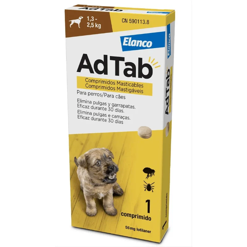 AdTab Comprimido mastigável contra pulgas e carraças para cães de 1,3 a 2,5 kg - AdTab (1 Comprimido)
