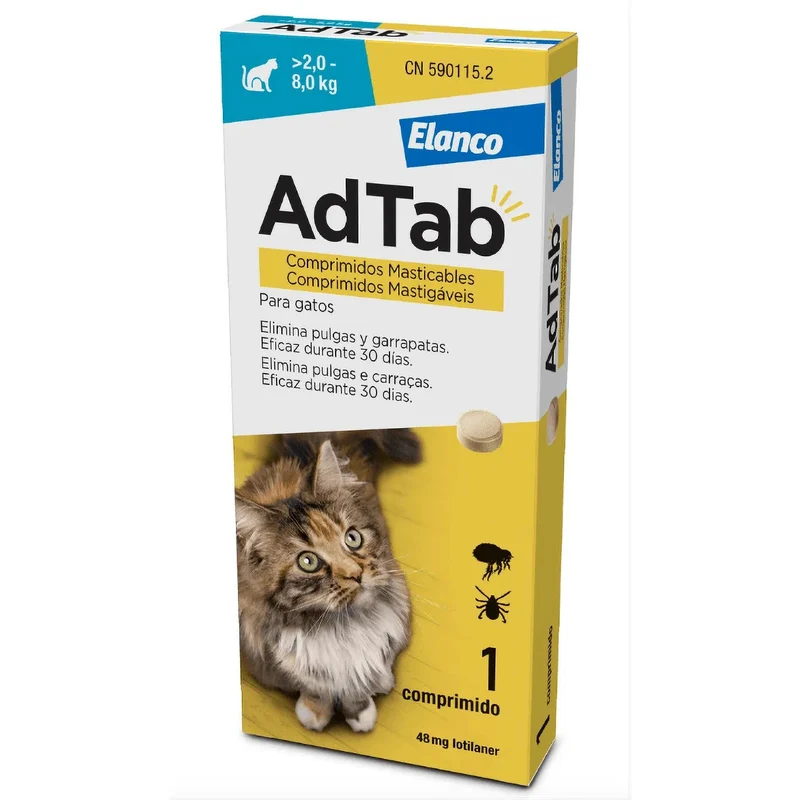 AdTab Comprimido mastigável contra pulgas e carraças para gatos de 2 a 8 kg - AdTab (1 Comprimido)