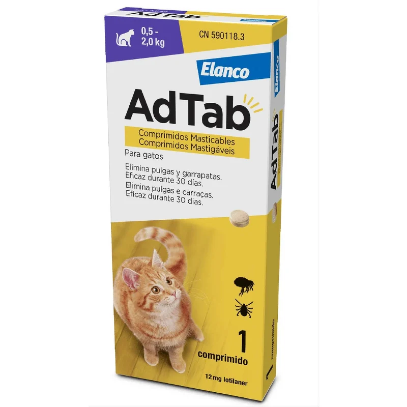 AdTab Comprimido mastigável contra pulgas e carraças para gatos de 0,5 a 2 kg - AdTab (1 Comprimido)