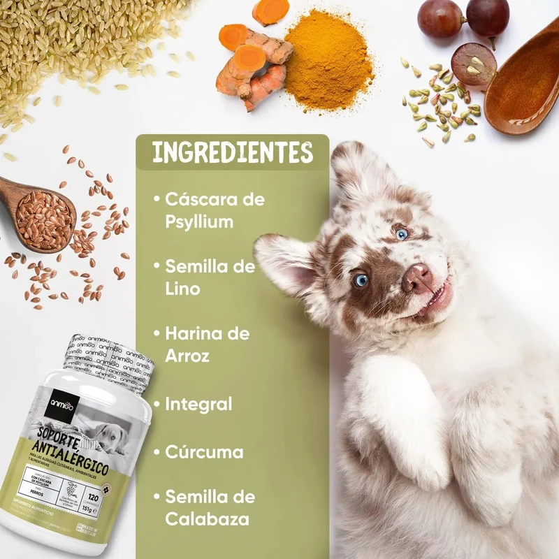 Suplemento natural alergias para aliviar a comichão em cães - 120 comprimidos sabor de frango | complemento hipoalergénico de Psyllium, sementes de linho e açafrão | anti-inflamatório