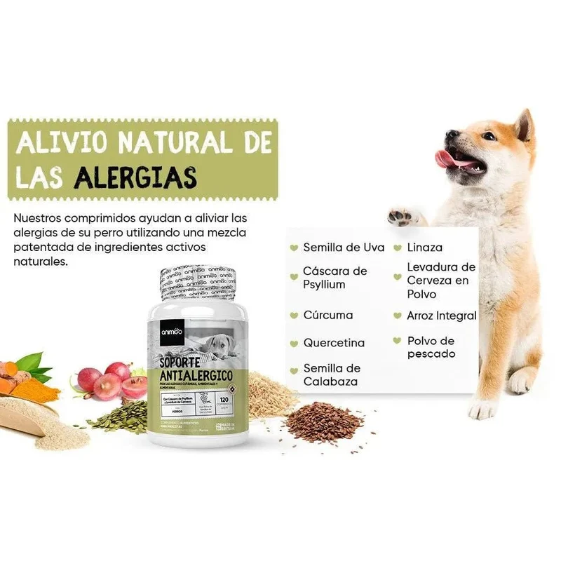 Suplemento natural alergias para aliviar a comichão em cães - 120 comprimidos sabor de frango | complemento hipoalergénico de Psyllium, sementes de linho e açafrão | anti-inflamatório