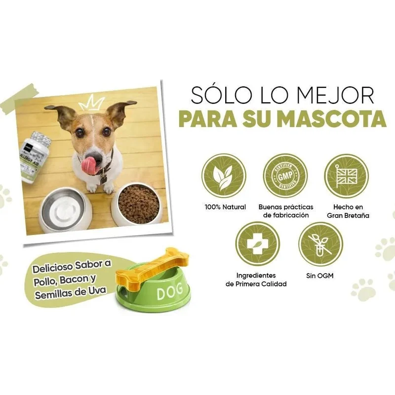 Suplemento natural alergias para aliviar a comichão em cães - 120 comprimidos sabor de frango | complemento hipoalergénico de Psyllium, sementes de linho e açafrão | anti-inflamatório