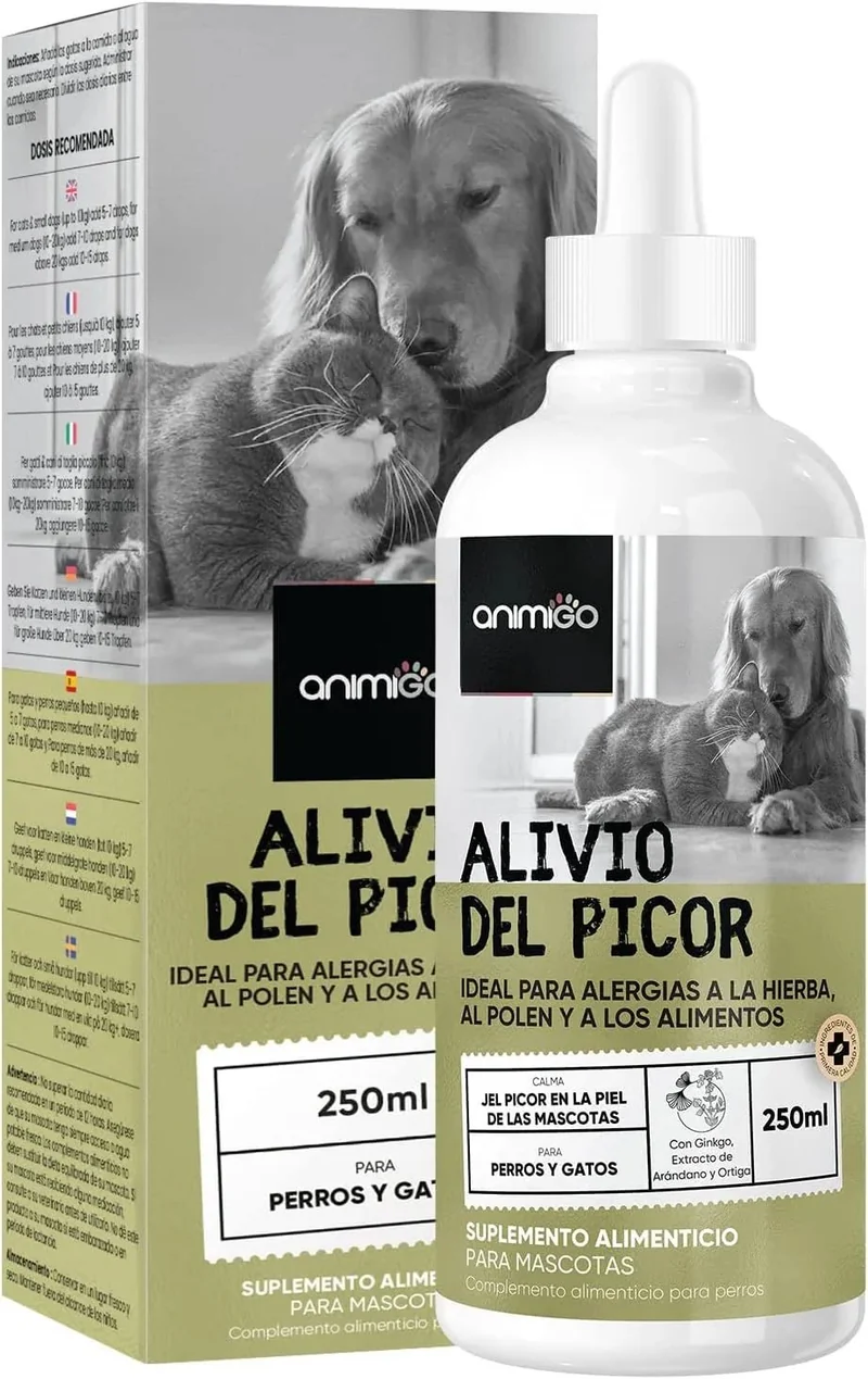 Gotas anti-comichão para cães e gatos 250 ml - ação eficaz contra a comichão, ideal para alergias a ervas, pólen e alimentos dos seus animais de estimação, alivia a comichão em gatos e cães