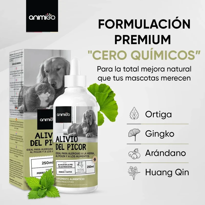 Gotas anti-comichão para cães e gatos 250 ml - ação eficaz contra a comichão, ideal para alergias a ervas, pólen e alimentos dos seus animais de estimação, alivia a comichão em gatos e cães