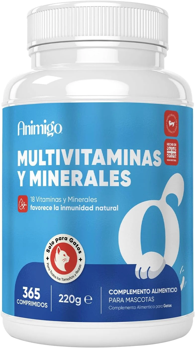 Animigo Multivitaminas e Minerais para gato: 18 vitaminas e minerais para apoio imunológico, pele, pêlo e articulações- embalagem 120 biscoitos mastigáveis