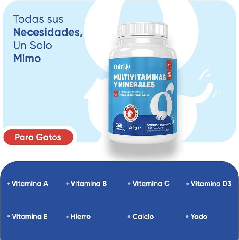 Animigo Multivitaminas e Minerais para gato: 18 vitaminas e minerais para apoio imunológico, pele, pêlo e articulações- embalagem 120 biscoitos mastigáveis