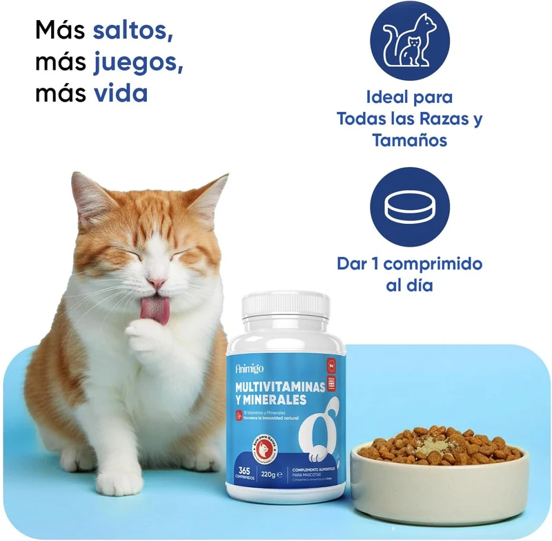 Animigo Multivitaminas e Minerais para gato: 18 vitaminas e minerais para apoio imunológico, pele, pêlo e articulações- embalagem 120 biscoitos mastigáveis