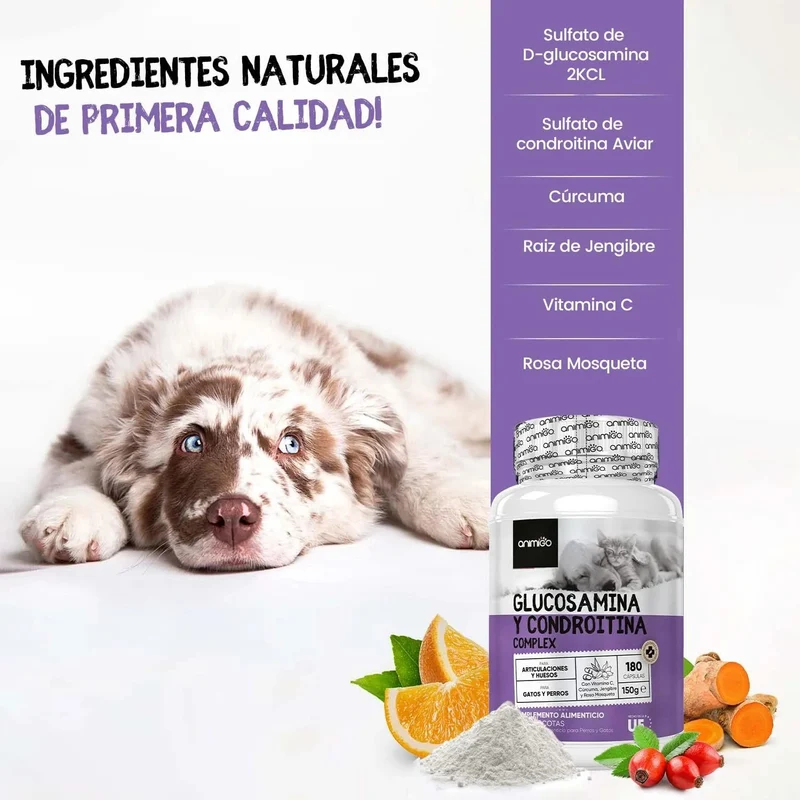 Complexo de glucosamina e condroitina para cães e gatos, alvo articulações e ossos fortes, 120 cápsulas, condroprotetor e anti-inflamatório, com vitamina C, açafrão, gengibre e rosa mosquito