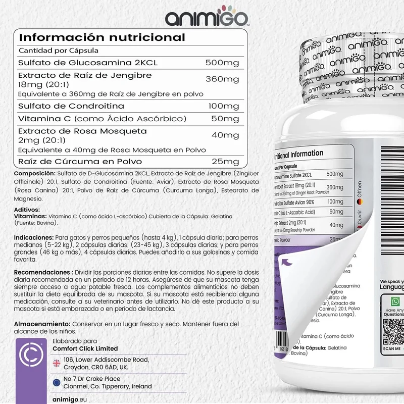Complexo de glucosamina e condroitina para cães e gatos, alvo articulações e ossos fortes, 120 cápsulas, condroprotetor e anti-inflamatório, com vitamina C, açafrão, gengibre e rosa mosquito