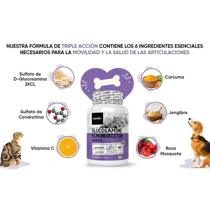 Complexo de glucosamina e condroitina para cães e gatos, alvo articulações e ossos fortes, 120 cápsulas, condroprotetor e anti-inflamatório, com vitamina C, açafrão, gengibre e rosa mosquito