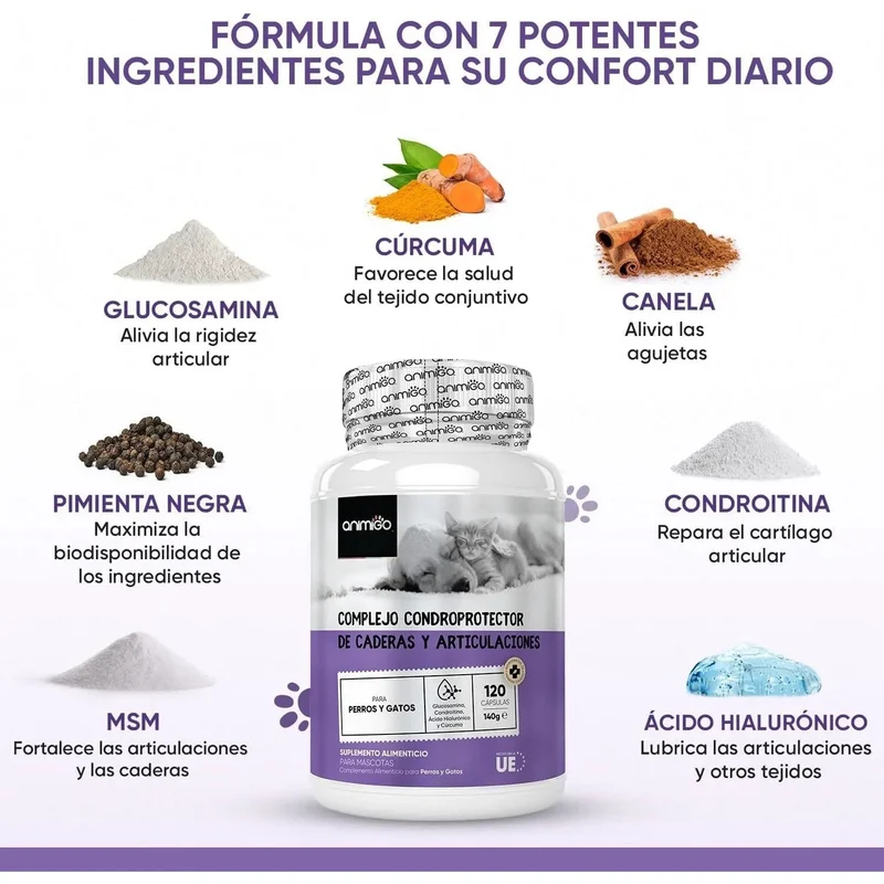Condroprotetor e anti-inflamatório para cães e gatos, 120 comprimidos mastigáveis, com glucosamina condroitina, MSM, ácido hialurónico, canela e açafrão, para raças grandes e pequenas, articulações e anca