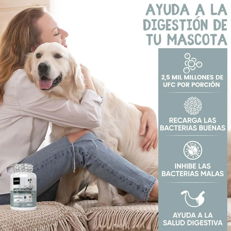 Probióticos, prebióticos e enzimas digestivas para cães 120 comprimidos sabor a frango, - ajuda a digestão e o sistema imunitário