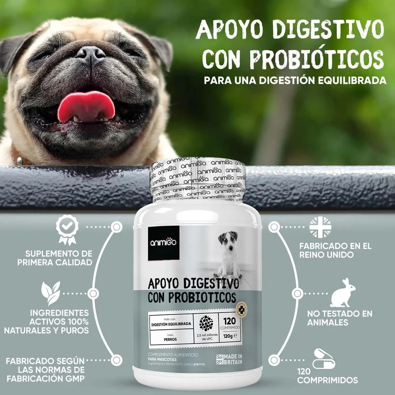 Probióticos, prebióticos e enzimas digestivas para cães 120 comprimidos sabor a frango, - ajuda a digestão e o sistema imunitário