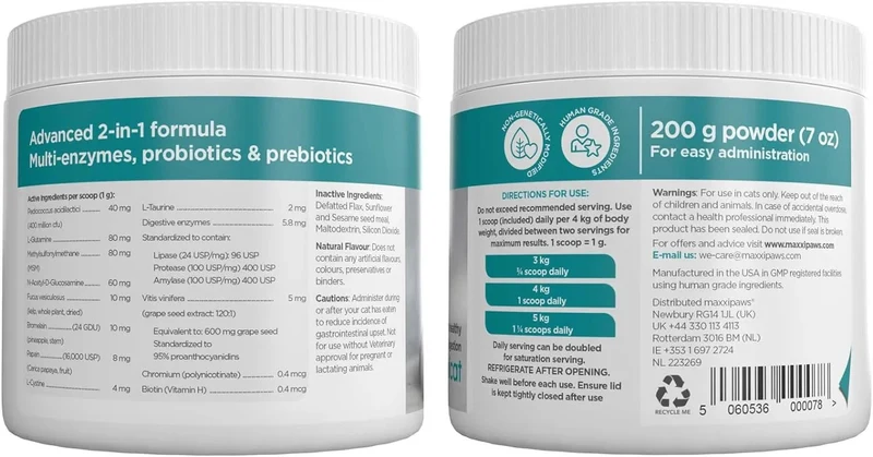 maxxidigest Probióticos, prebióticos e enzimas digestivas para gatos - Ajuda avançada à digestão felina e ao sistema imunitário, sem pó OGM