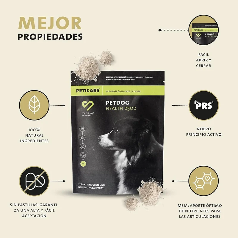 Peticare Pó para as articulações e artrose de cães | com MSM, colagénio | fortalece os ossos | alimento complementar natural