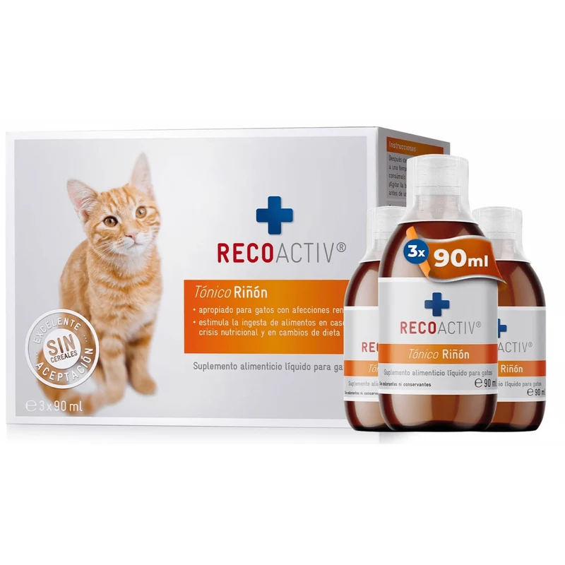 RECOACTIV Tónico renal para gatos, 3 x 90 ml, alimento complementar para convalescência em caso de sinais precoces de disfunção renal no gato, bem como para profilaxia