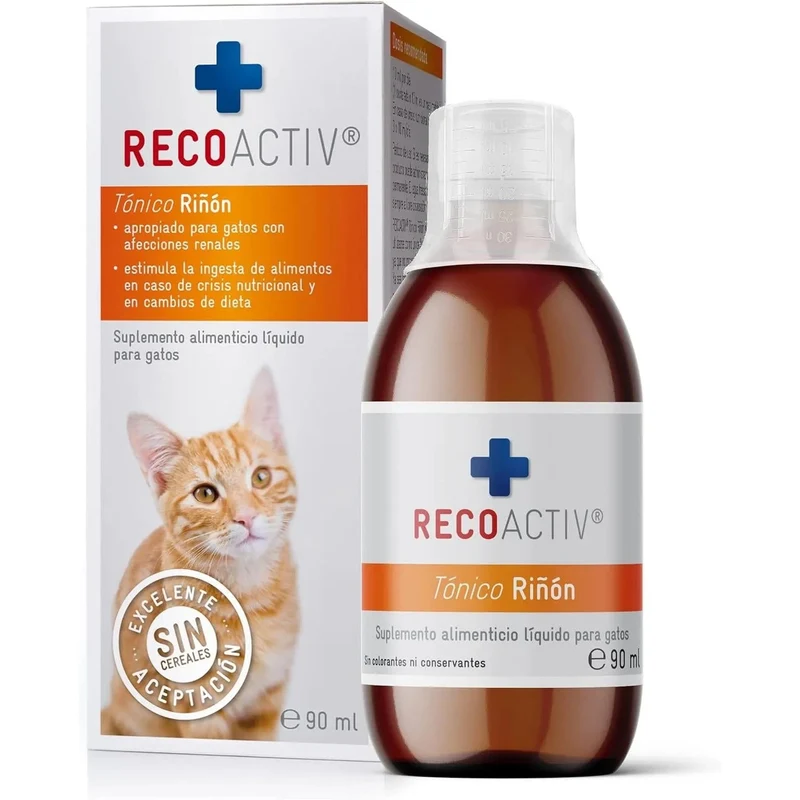 RECOACTIV Tónico renal para gatos, 3 x 90 ml, alimento complementar para convalescência em caso de sinais precoces de disfunção renal no gato, bem como para profilaxia