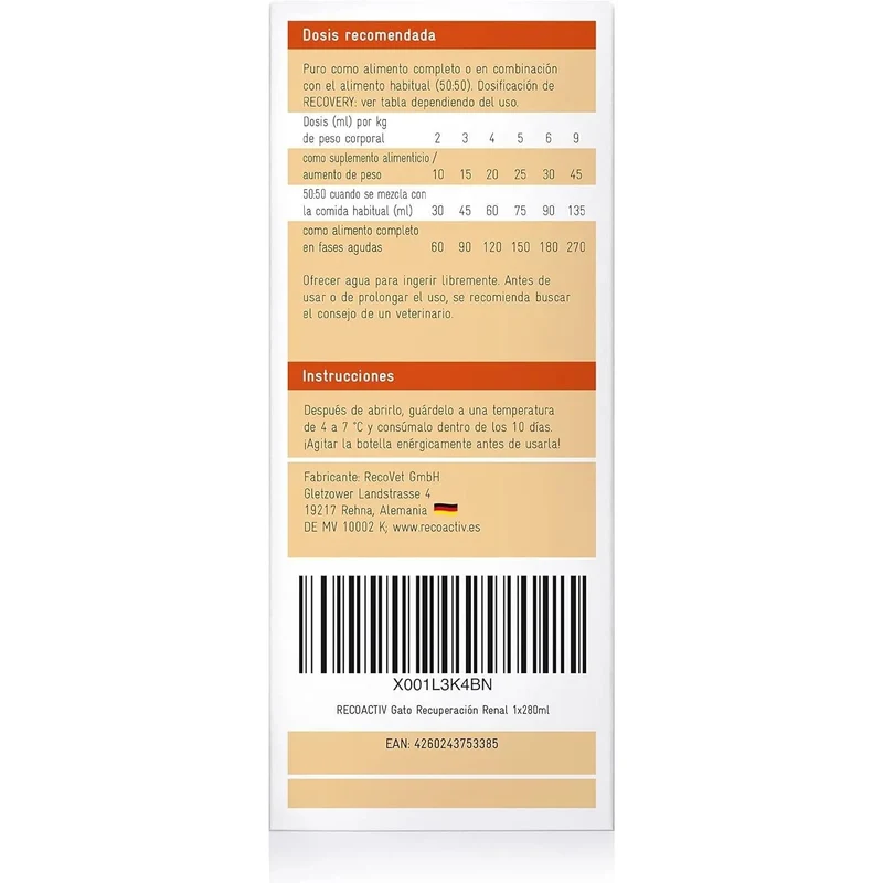 RECOACTIV Recovery renal para gatos, 1 x 280 ml, alimento dietético completo de alto teor calórico para disfunção renal e aumento das necessidades energéticas