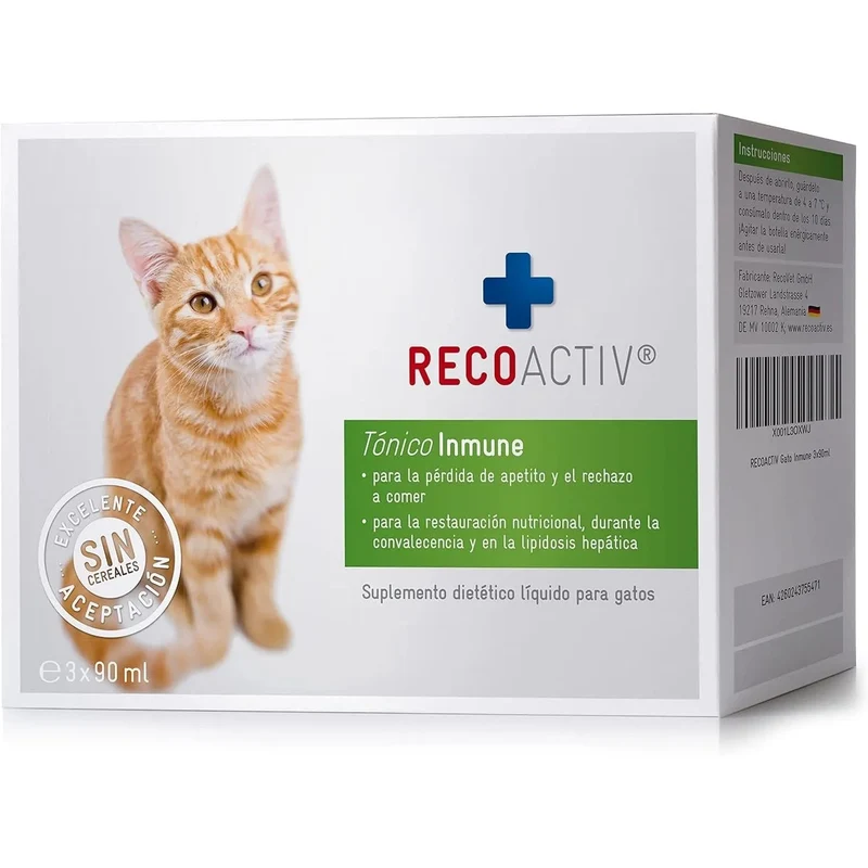 RECOACTIV Tónico imunitário para gatos, 3 x 90 ml, suplemento dietético para reforço imunitário e prevenção de sintomas de deficiência, um eficaz estimulador dietético do apetite