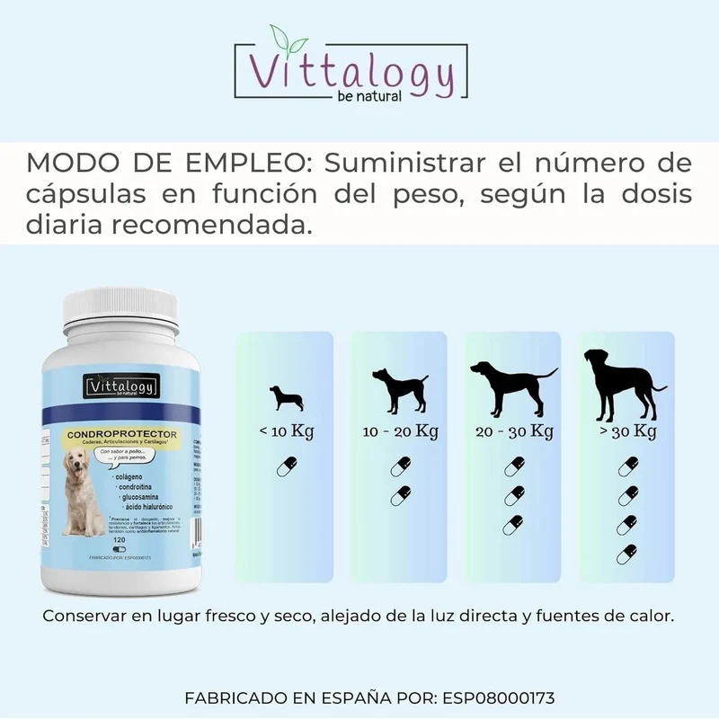 VITTALOGY Condroprotetor para cães. Anti-inflamatório natural com colagénio, condroitina, hialurónico e açafrão. Complemento alimentar para quadris, articulações e cartilagens (120 cápsulas)
