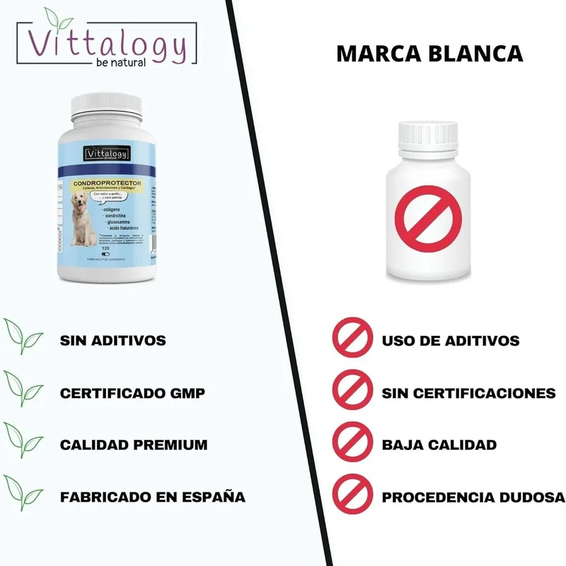 VITTALOGY Condroprotetor para cães. Anti-inflamatório natural com colagénio, condroitina, hialurónico e açafrão. Complemento alimentar para quadris, articulações e cartilagens (120 cápsulas)