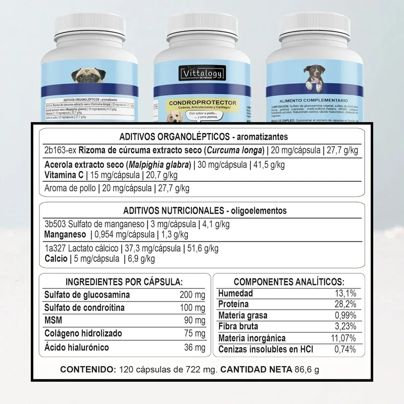 VITTALOGY Condroprotetor para cães. Anti-inflamatório natural com colagénio, condroitina, hialurónico e açafrão. Complemento alimentar para quadris, articulações e cartilagens (120 cápsulas)