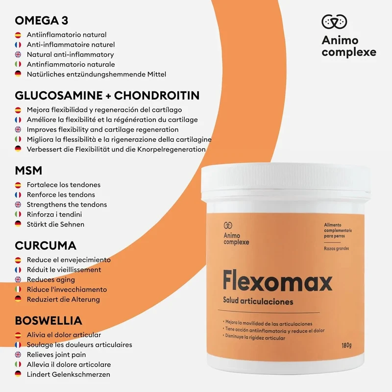 ANIMO-COMPLEXE Condroprotetor para cães, harpagófito para cães, rico em ómega 3, glucosamina, condroitina, açafrão, boswelia, MSM e Vit.E | Melhora a flexibilidade e regeneração da cartilagem