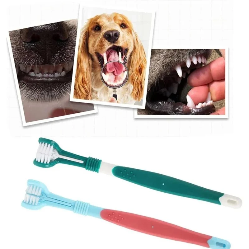 Escova de dentes para cães, 4 escovas de dentes - 2 de 3 cabeças e 2 normais