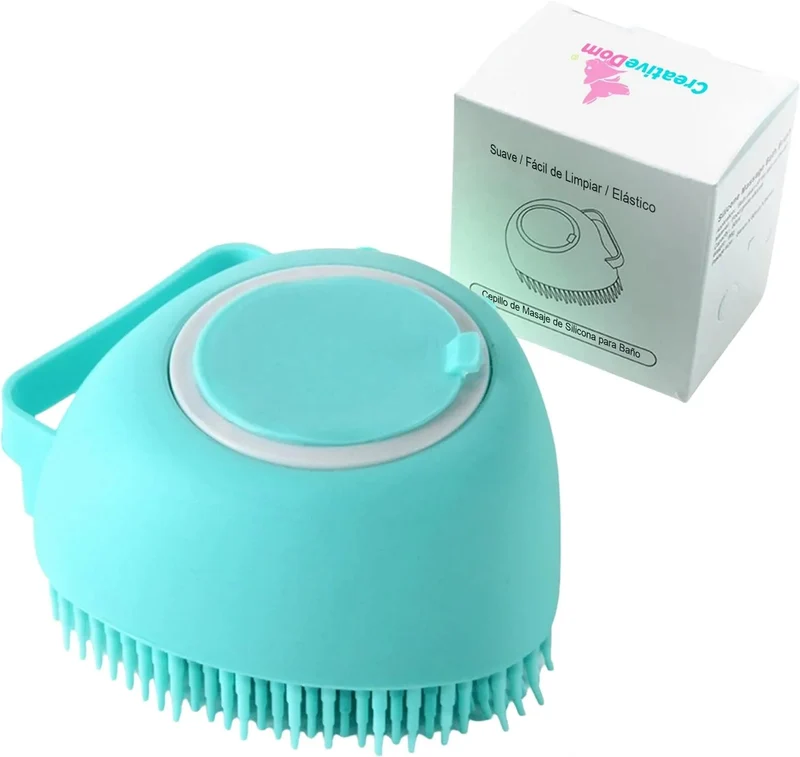 Escova de banho e massagem, para animais de estimação, com auto-dispensador de champô