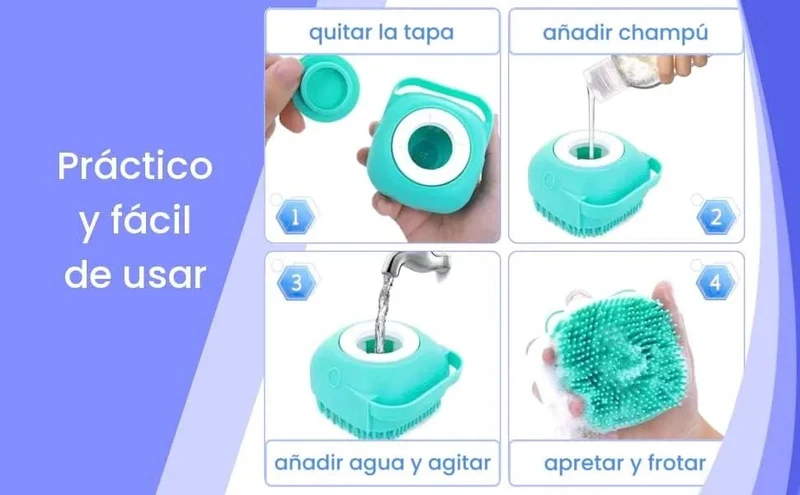 Escova de banho e massagem, para animais de estimação, com auto-dispensador de champô