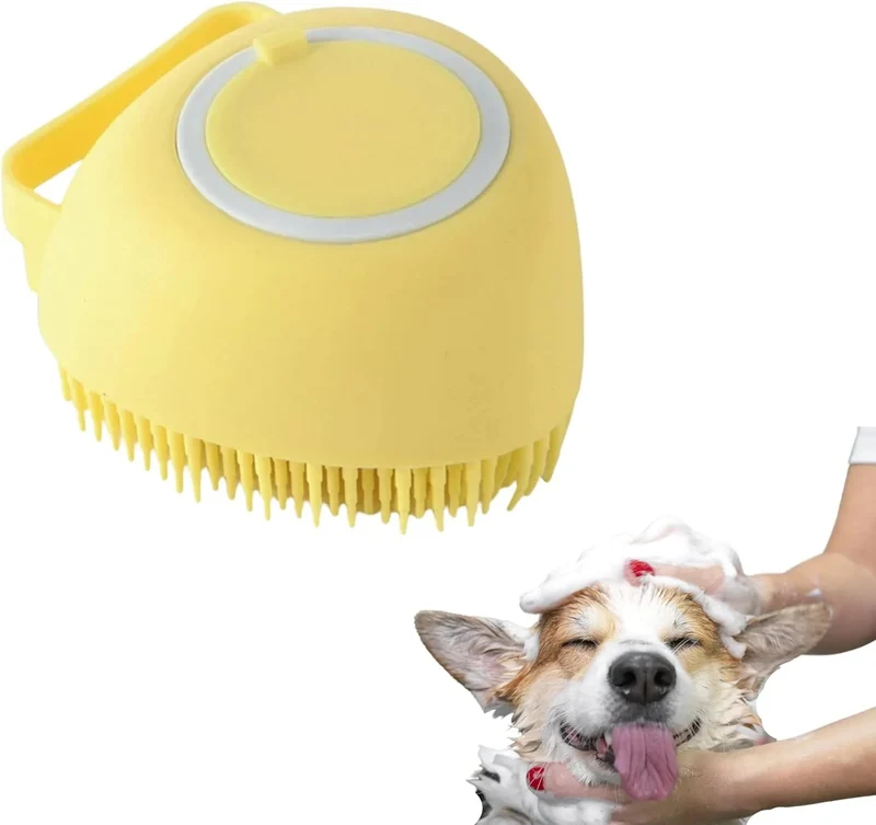 Escova de banho e massagem, para animais de estimação, com auto-dispensador de champô
