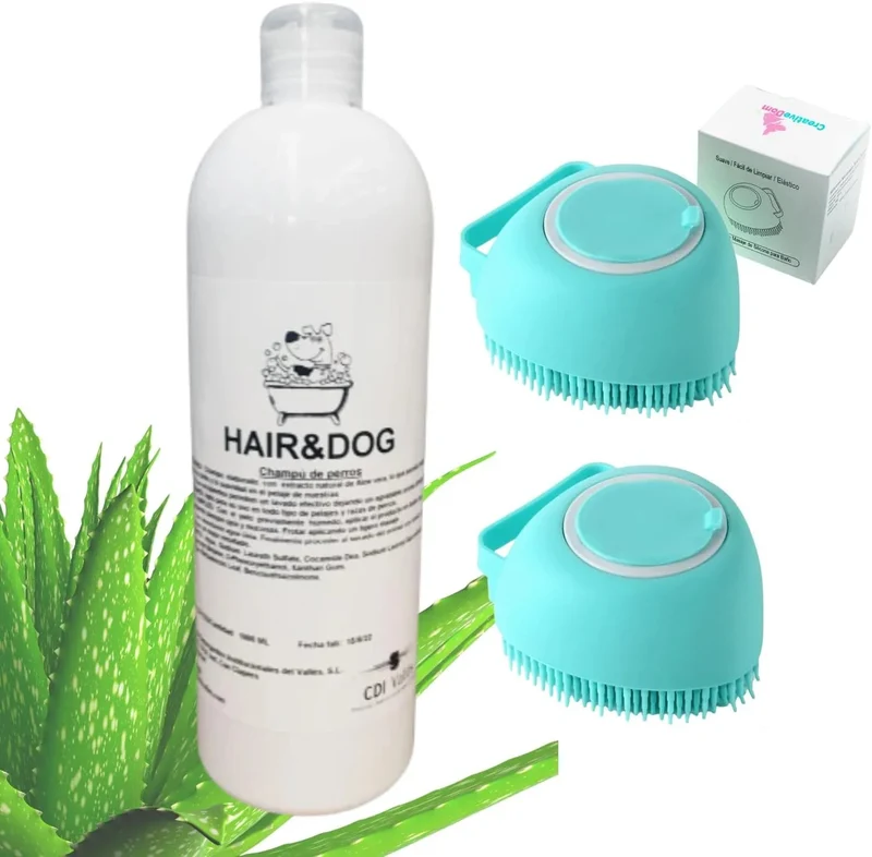 Escova de banho e massagem, para animais de estimação, com auto-dispensador de champô