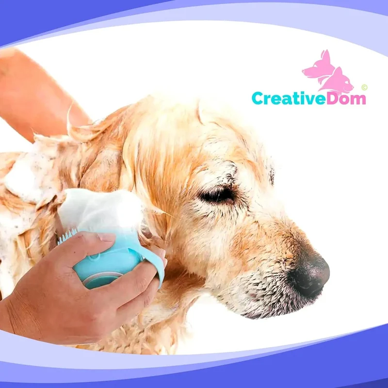 Escova de banho e massagem, para animais de estimação, com auto-dispensador de champô