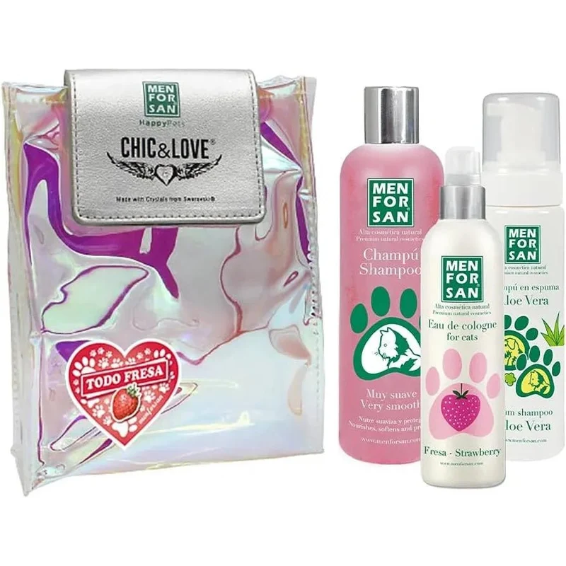 MENFORSAN Pack higiene e beleza para gatos menforsan, champô muito macio gatos 300 ml, colónia morango para gatos de 125 ml, champô em espuma para cães e gatos 200 ml, rico aroma a morangos
