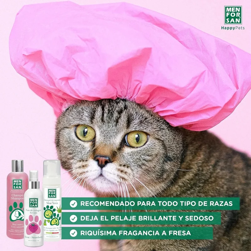 MENFORSAN Pack higiene e beleza para gatos menforsan, champô muito macio gatos 300 ml, colónia morango para gatos de 125 ml, champô em espuma para cães e gatos 200 ml, rico aroma a morangos