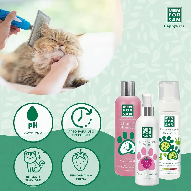 MENFORSAN Pack higiene e beleza para gatos menforsan, champô muito macio gatos 300 ml, colónia morango para gatos de 125 ml, champô em espuma para cães e gatos 200 ml, rico aroma a morangos