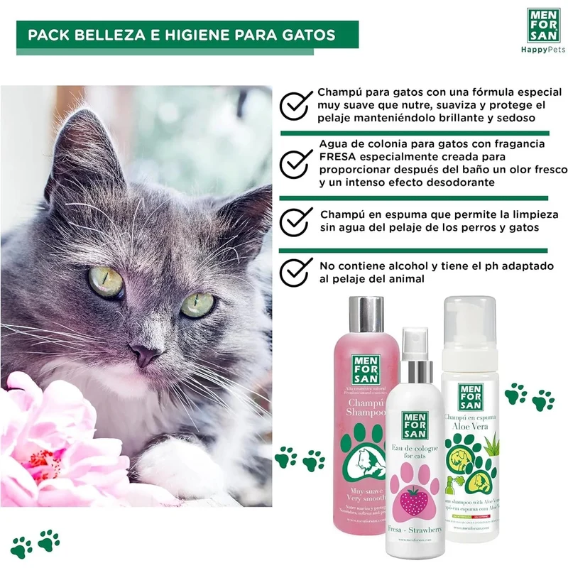MENFORSAN Pack higiene e beleza para gatos menforsan, champô muito macio gatos 300 ml, colónia morango para gatos de 125 ml, champô em espuma para cães e gatos 200 ml, rico aroma a morangos